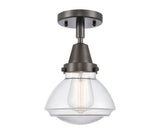 447-1C-OB-G322 1-Light 6.75" Oil Rubbed Bronze Flush Mount - Clear Olean Glass - LED Bulb - Dimmensions: 6.75 x 6.75 x 7.75 - Sloped Ceiling Compatible: No
