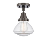 447-1C-OB-G324 1-Light 6.75" Oil Rubbed Bronze Flush Mount - Seedy Olean Glass - LED Bulb - Dimmensions: 6.75 x 6.75 x 7.75 - Sloped Ceiling Compatible: No