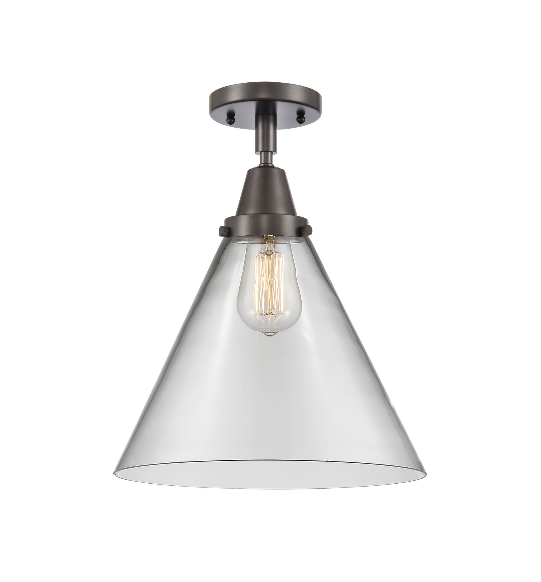 447-1C-OB-G42-L 1-Light 12" Oil Rubbed Bronze Flush Mount - Clear Cone 12" Glass - LED Bulb - Dimmensions: 12 x 12 x 15.5 - Sloped Ceiling Compatible: No
