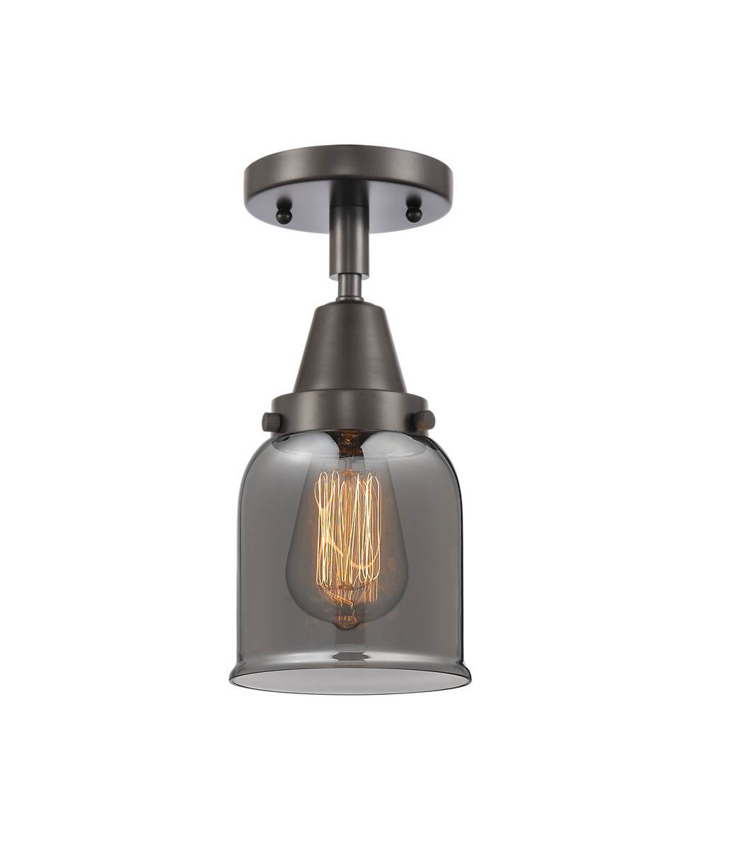 447-1C-OB-G53 1-Light 5" Oil Rubbed Bronze Flush Mount - Plated Smoke Small Bell Glass - LED Bulb - Dimmensions: 5 x 5 x 10 - Sloped Ceiling Compatible: No