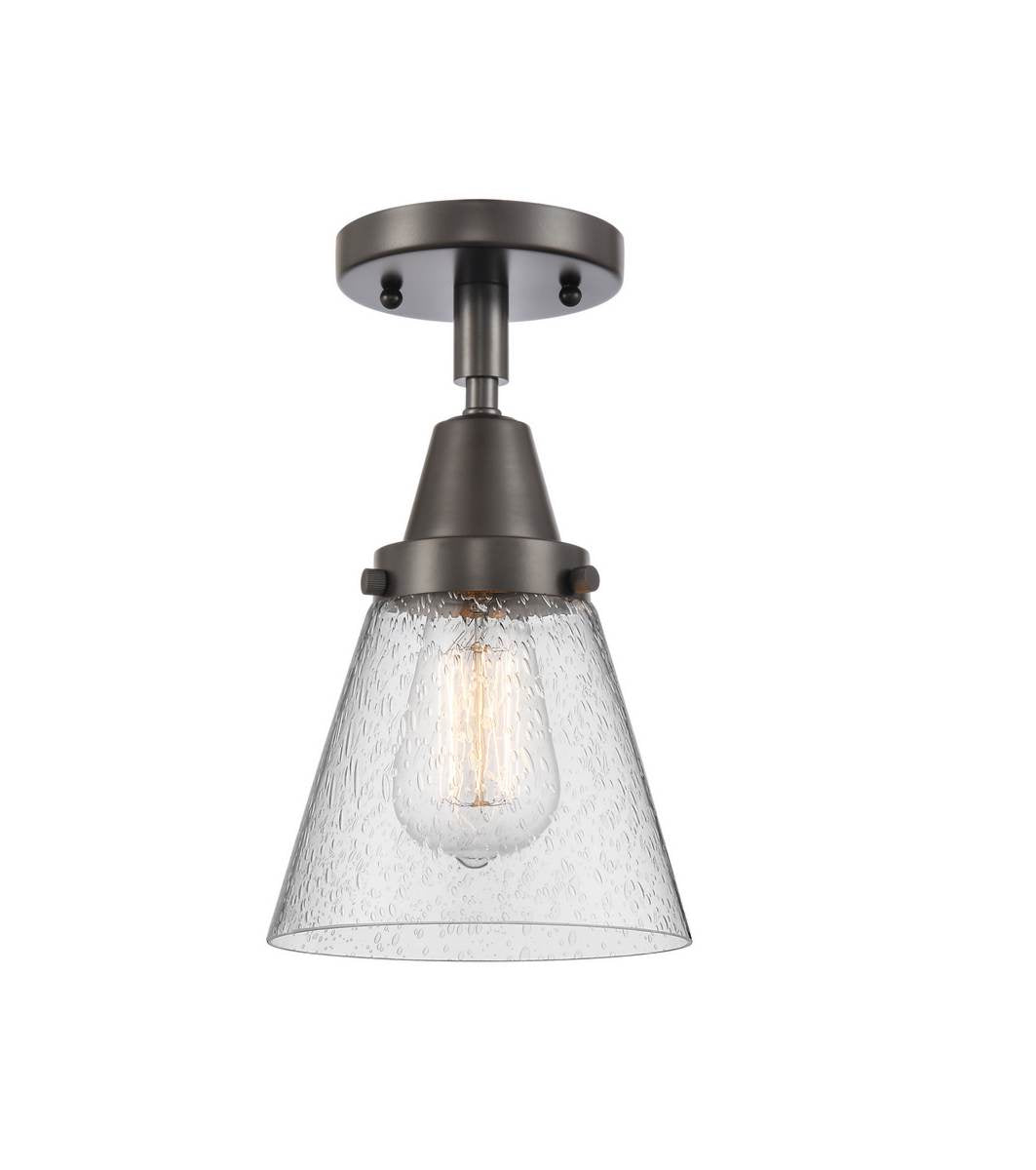 447-1C-OB-G64 1-Light 6.25" Oil Rubbed Bronze Flush Mount - Seedy Small Cone Glass - LED Bulb - Dimmensions: 6.25 x 6.25 x 10 - Sloped Ceiling Compatible: No