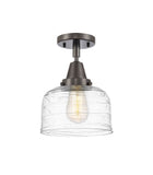 447-1C-OB-G713 1-Light 8" Oil Rubbed Bronze Flush Mount - Clear Deco Swirl Large Bell Glass - LED Bulb - Dimmensions: 8 x 8 x 10.375 - Sloped Ceiling Compatible: No