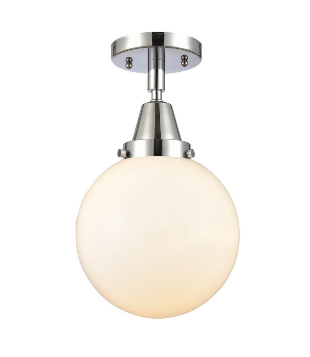 447-1C-PC-G201-8 1-Light 8" Polished Chrome Flush Mount - Matte White Cased Beacon Glass - LED Bulb - Dimmensions: 8 x 8 x 12.75 - Sloped Ceiling Compatible: No