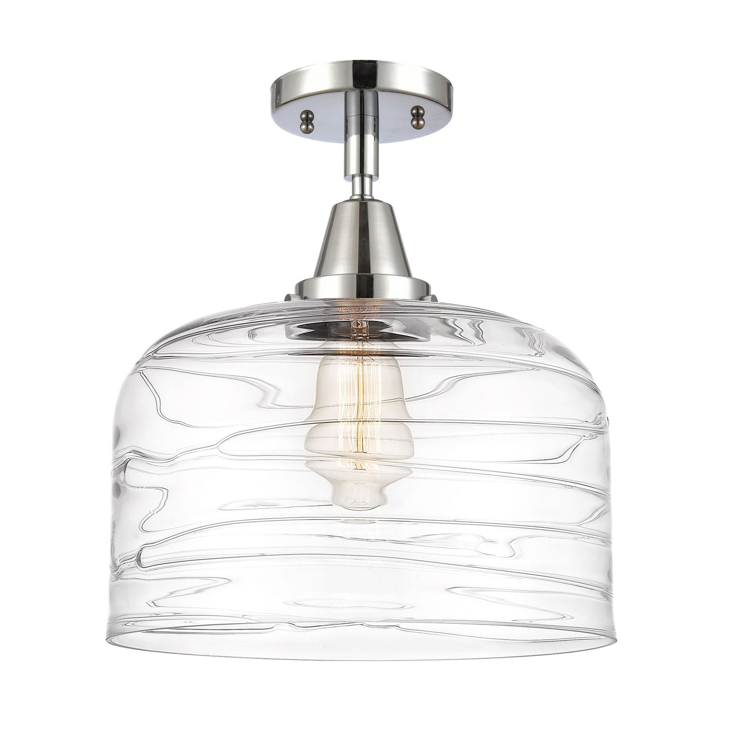 447-1C-PC-G713-L 1-Light 12" Polished Chrome Flush Mount - Clear Deco Swirl X-Large Bell Glass - LED Bulb - Dimmensions: 12 x 12 x 12.5 - Sloped Ceiling Compatible: No
