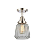 447-1C-PN-G142 1-Light 7" Polished Nickel Flush Mount - Clear Chatham Glass - LED Bulb - Dimmensions: 7 x 7 x 12 - Sloped Ceiling Compatible: No