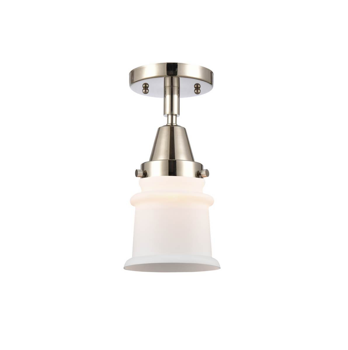 447-1C-PN-G181S 1-Light 6" Polished Nickel Flush Mount - Matte White Small Canton Glass - LED Bulb - Dimmensions: 6 x 6 x 10 - Sloped Ceiling Compatible: No