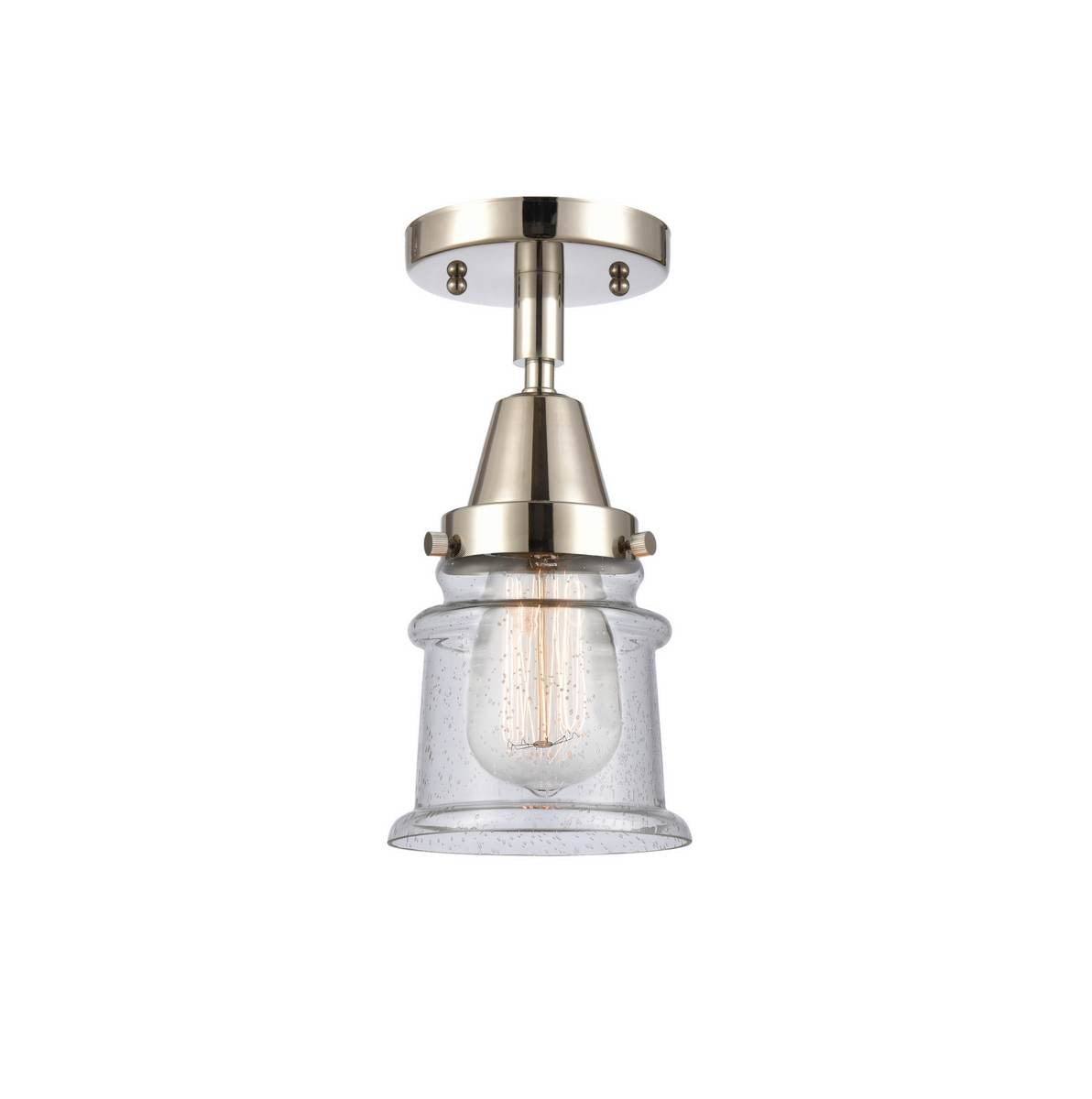 447-1C-PN-G184S 1-Light 6" Polished Nickel Flush Mount - Seedy Small Canton Glass - LED Bulb - Dimmensions: 6 x 6 x 10 - Sloped Ceiling Compatible: No
