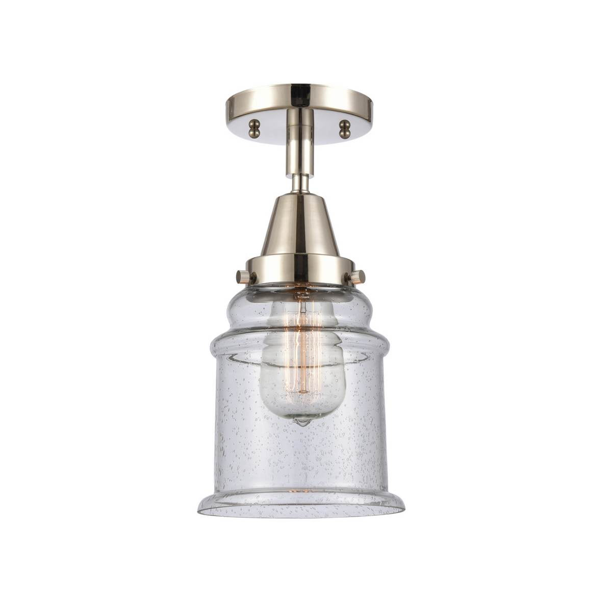 447-1C-PN-G184 1-Light 6" Polished Nickel Flush Mount - Seedy Canton Glass - LED Bulb - Dimmensions: 6 x 6 x 10 - Sloped Ceiling Compatible: No