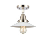 447-1C-PN-G1 1-Light 8.5" Polished Nickel Flush Mount - White Halophane Glass - LED Bulb - Dimmensions: 8.5 x 8.5 x 7 - Sloped Ceiling Compatible: No