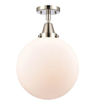447-1C-PN-G201-12 1-Light 12" Polished Nickel Flush Mount - Matte White Cased Beacon Glass - LED Bulb - Dimmensions: 12 x 12 x 14.5 - Sloped Ceiling Compatible: No