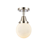 447-1C-PN-G201-6 1-Light 6" Polished Nickel Flush Mount - Matte White Cased Beacon Glass - LED Bulb - Dimmensions: 6 x 6 x 10.75 - Sloped Ceiling Compatible: No