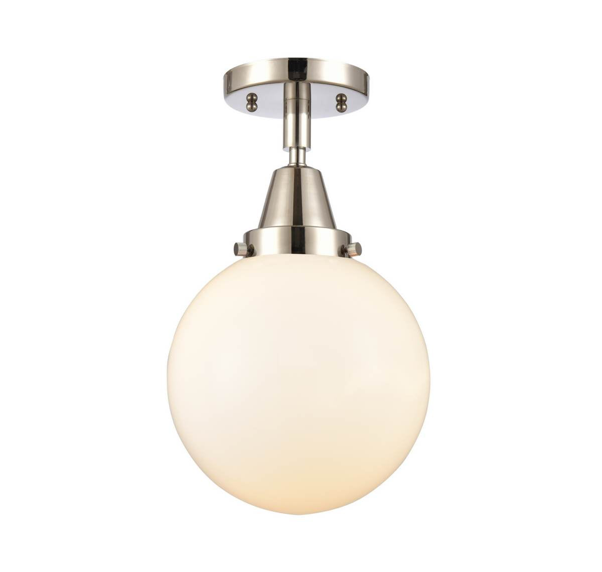 447-1C-PN-G201-8 1-Light 8" Polished Nickel Flush Mount - Matte White Cased Beacon Glass - LED Bulb - Dimmensions: 8 x 8 x 12.75 - Sloped Ceiling Compatible: No