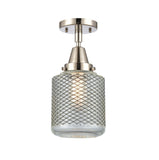 447-1C-PN-G262 1-Light 6" Polished Nickel Flush Mount - Vintage Wire Mesh Stanton Glass - LED Bulb - Dimmensions: 6 x 6 x 14.5 - Sloped Ceiling Compatible: No