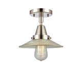 447-1C-PN-G2 1-Light 8.5" Polished Nickel Flush Mount - Clear Halophane Glass - LED Bulb - Dimmensions: 8.5 x 8.5 x 7 - Sloped Ceiling Compatible: No