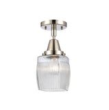 447-1C-PN-G302 1-Light 5.5" Polished Nickel Flush Mount - Thick Clear Halophane Colton Glass - LED Bulb - Dimmensions: 5.5 x 5.5 x 10.5 - Sloped Ceiling Compatible: No