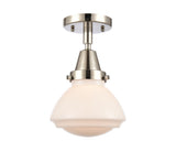 447-1C-PN-G321 1-Light 6.75" Polished Nickel Flush Mount - Matte White Olean Glass - LED Bulb - Dimmensions: 6.75 x 6.75 x 7.75 - Sloped Ceiling Compatible: No