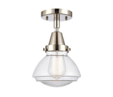 447-1C-PN-G322 1-Light 6.75" Polished Nickel Flush Mount - Clear Olean Glass - LED Bulb - Dimmensions: 6.75 x 6.75 x 7.75 - Sloped Ceiling Compatible: No