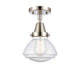 447-1C-PN-G324 1-Light 6.75" Polished Nickel Flush Mount - Seedy Olean Glass - LED Bulb - Dimmensions: 6.75 x 6.75 x 7.75 - Sloped Ceiling Compatible: No