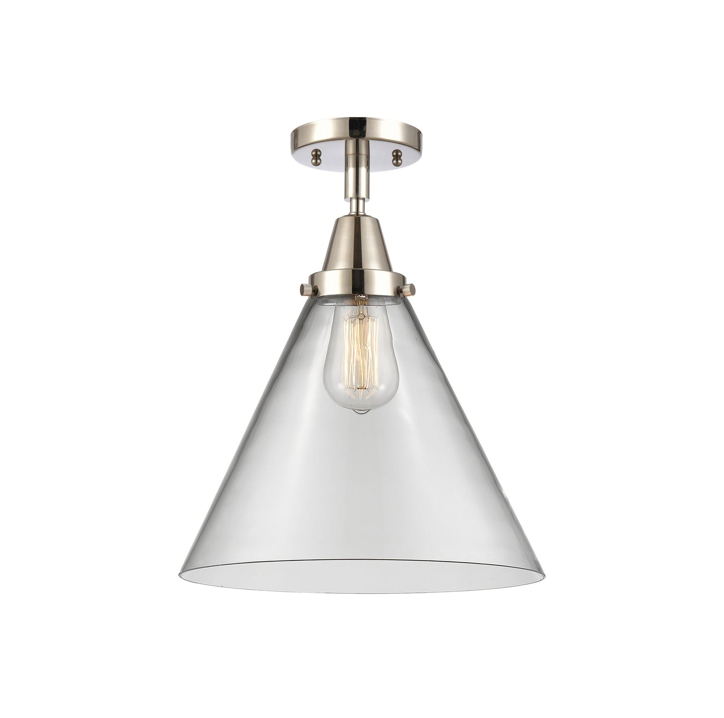 447-1C-PN-G42-L 1-Light 12" Polished Nickel Flush Mount - Clear Cone 12" Glass - LED Bulb - Dimmensions: 12 x 12 x 15.5 - Sloped Ceiling Compatible: No