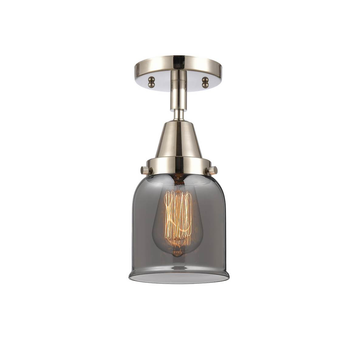 447-1C-PN-G53 1-Light 5" Polished Nickel Flush Mount - Plated Smoke Small Bell Glass - LED Bulb - Dimmensions: 5 x 5 x 10 - Sloped Ceiling Compatible: No