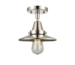 447-1C-PN-M1 1-Light 8" Polished Nickel Flush Mount - Polished Nickel Railroad Shade - LED Bulb - Dimmensions: 8 x 8 x 7 - Sloped Ceiling Compatible: No