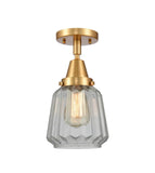 447-1C-SG-G142 1-Light 7" Satin Gold Flush Mount - Clear Chatham Glass - LED Bulb - Dimmensions: 7 x 7 x 12 - Sloped Ceiling Compatible: No