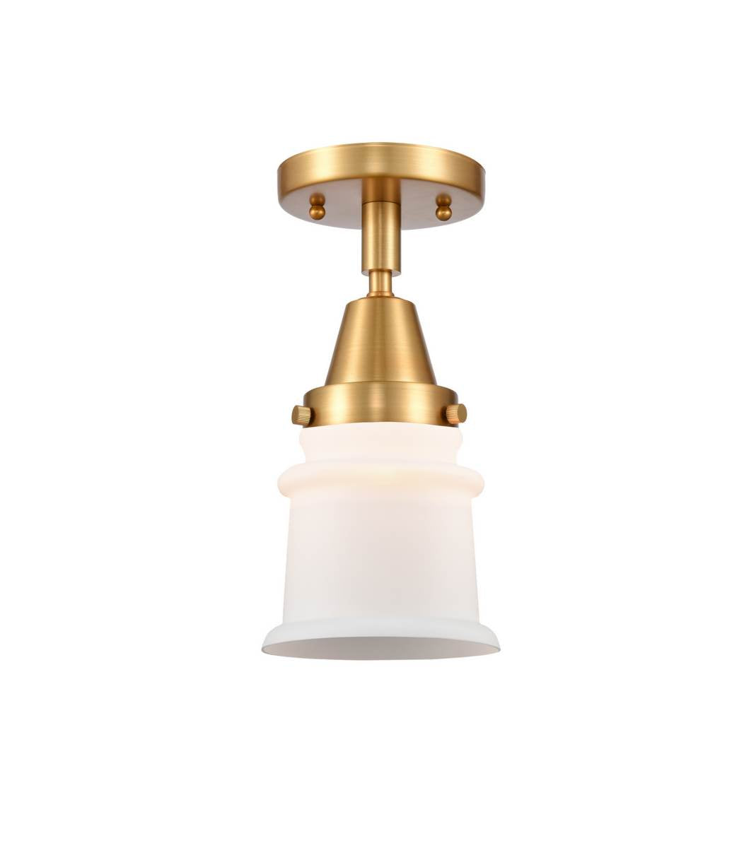 447-1C-SG-G181S 1-Light 6" Satin Gold Flush Mount - Matte White Small Canton Glass - LED Bulb - Dimmensions: 6 x 6 x 10 - Sloped Ceiling Compatible: No