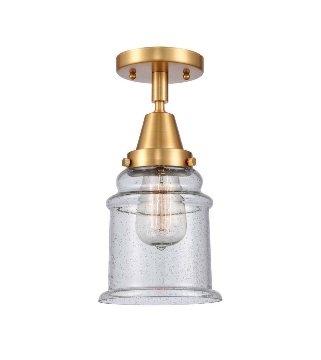 447-1C-SG-G184 1-Light 6" Satin Gold Flush Mount - Seedy Canton Glass - LED Bulb - Dimmensions: 6 x 6 x 10 - Sloped Ceiling Compatible: No