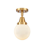 447-1C-SG-G201-6 1-Light 6" Satin Gold Flush Mount - Matte White Cased Beacon Glass - LED Bulb - Dimmensions: 6 x 6 x 10.75 - Sloped Ceiling Compatible: No