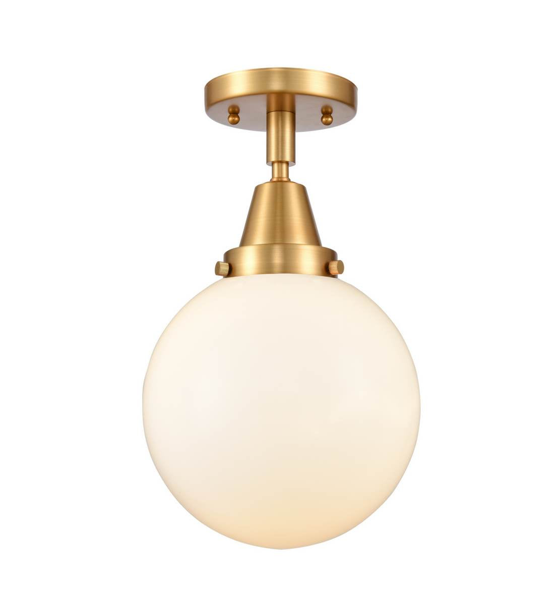 447-1C-SG-G201-8 1-Light 8" Satin Gold Flush Mount - Matte White Cased Beacon Glass - LED Bulb - Dimmensions: 8 x 8 x 12.75 - Sloped Ceiling Compatible: No