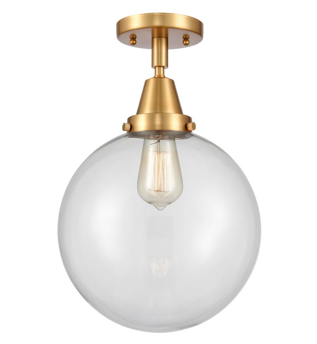 447-1C-SG-G202-10 1-Light 10" Satin Gold Flush Mount - Clear Beacon Glass - LED Bulb - Dimmensions: 10 x 10 x 12.5 - Sloped Ceiling Compatible: No