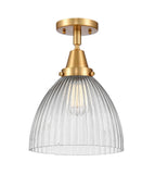 447-1C-SG-G222 1-Light 9.5" Satin Gold Flush Mount - Clear Halophane Seneca Falls Glass - LED Bulb - Dimmensions: 9.5 x 9.5 x 12.5 - Sloped Ceiling Compatible: No
