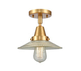 447-1C-SG-G2 1-Light 8.5" Satin Gold Flush Mount - Clear Halophane Glass - LED Bulb - Dimmensions: 8.5 x 8.5 x 7 - Sloped Ceiling Compatible: No