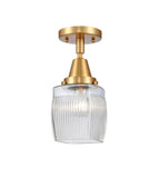 447-1C-SG-G302 1-Light 5.5" Satin Gold Flush Mount - Thick Clear Halophane Colton Glass - LED Bulb - Dimmensions: 5.5 x 5.5 x 10.5 - Sloped Ceiling Compatible: No