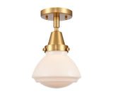 447-1C-SG-G321 1-Light 6.75" Satin Gold Flush Mount - Matte White Olean Glass - LED Bulb - Dimmensions: 6.75 x 6.75 x 7.75 - Sloped Ceiling Compatible: No