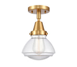 447-1C-SG-G322 1-Light 6.75" Satin Gold Flush Mount - Clear Olean Glass - LED Bulb - Dimmensions: 6.75 x 6.75 x 7.75 - Sloped Ceiling Compatible: No