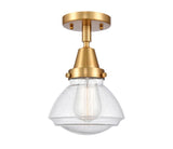 447-1C-SG-G324 1-Light 6.75" Satin Gold Flush Mount - Seedy Olean Glass - LED Bulb - Dimmensions: 6.75 x 6.75 x 7.75 - Sloped Ceiling Compatible: No