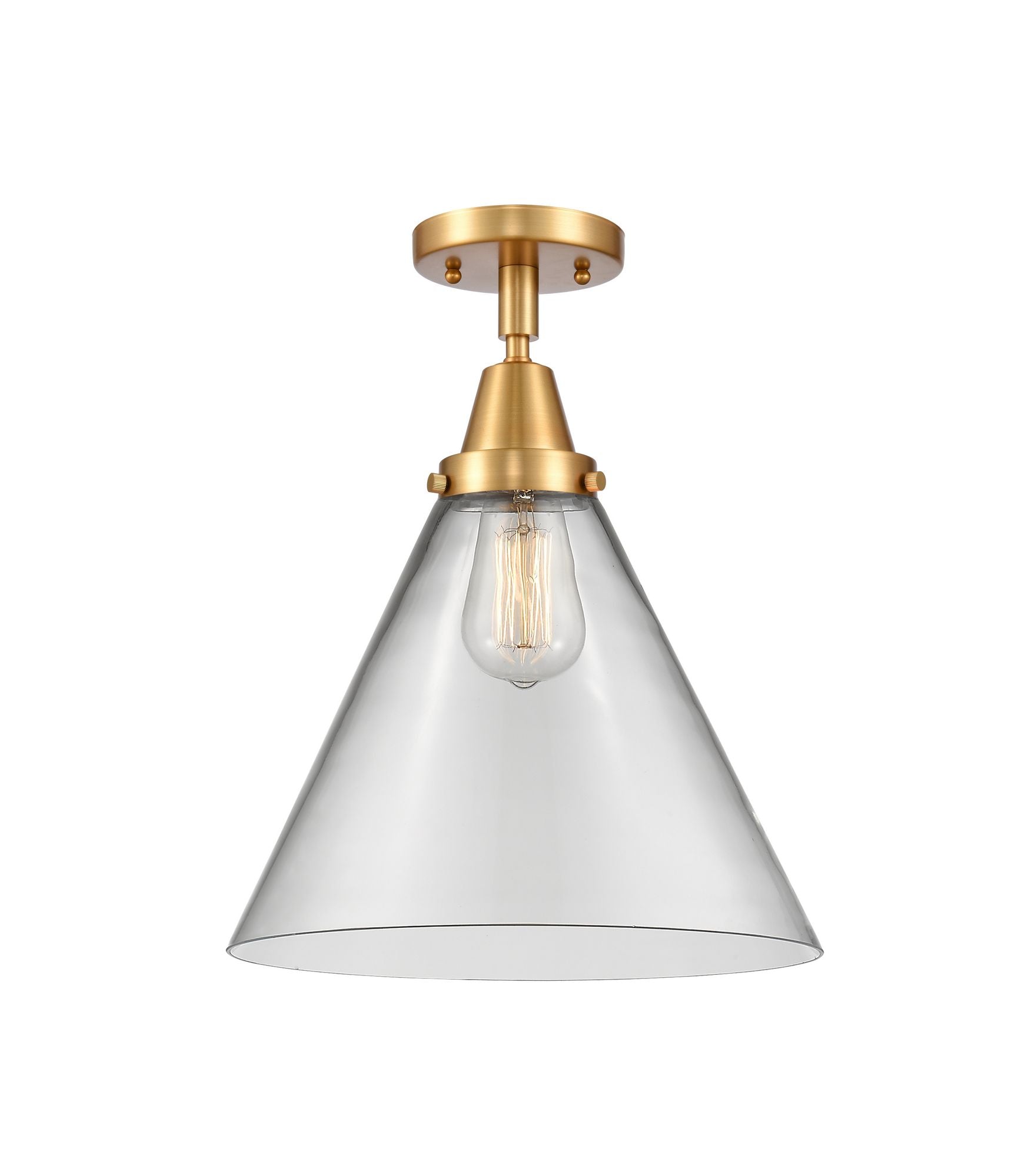 447-1C-SG-G42-L 1-Light 12" Satin Gold Flush Mount - Clear Cone 12" Glass - LED Bulb - Dimmensions: 12 x 12 x 15.5 - Sloped Ceiling Compatible: No