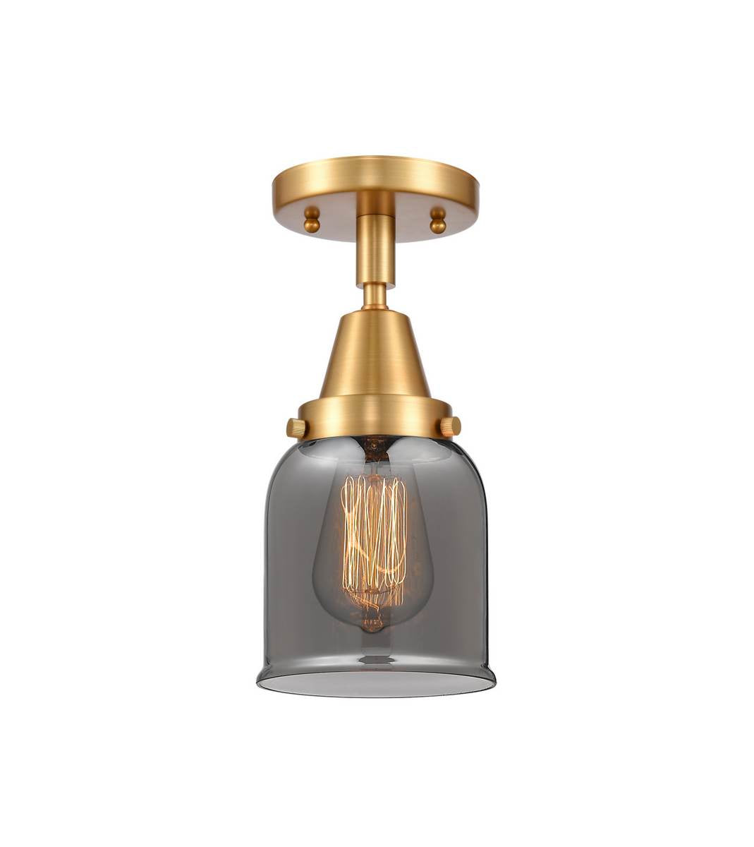 447-1C-SG-G53 1-Light 5" Satin Gold Flush Mount - Plated Smoke Small Bell Glass - LED Bulb - Dimmensions: 5 x 5 x 10 - Sloped Ceiling Compatible: No