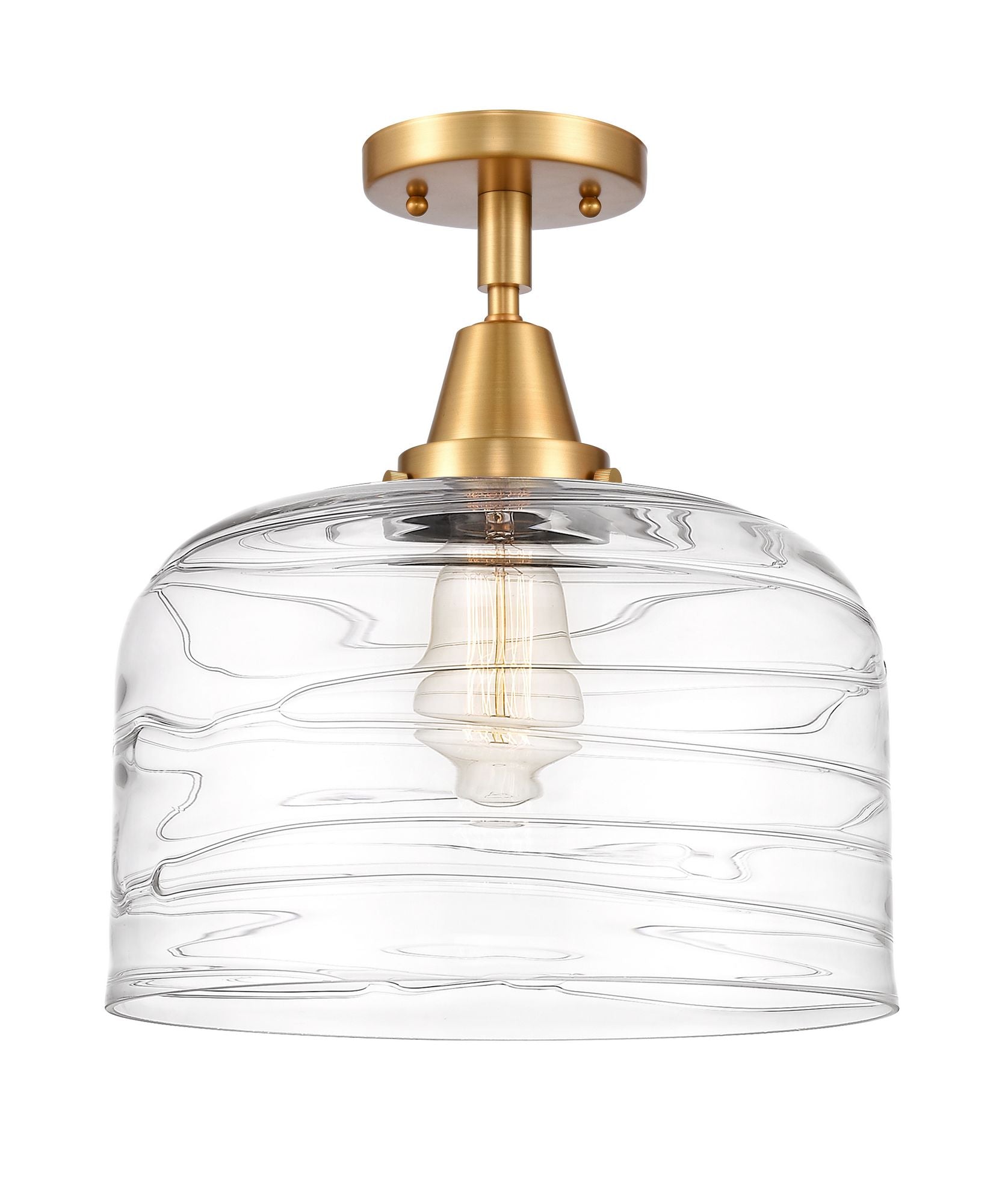 447-1C-SG-G713-L 1-Light 12" Satin Gold Flush Mount - Clear Deco Swirl X-Large Bell Glass - LED Bulb - Dimmensions: 12 x 12 x 12.5 - Sloped Ceiling Compatible: No