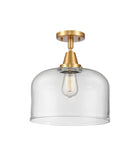 447-1C-SG-G72-L 1-Light 12" Satin Gold Flush Mount - Clear X-Large Bell Glass - LED Bulb - Dimmensions: 12 x 12 x 12.5 - Sloped Ceiling Compatible: No