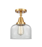 447-1C-SG-G72 1-Light 8" Satin Gold Flush Mount - Clear Large Bell Glass - LED Bulb - Dimmensions: 8 x 8 x 10.375 - Sloped Ceiling Compatible: No