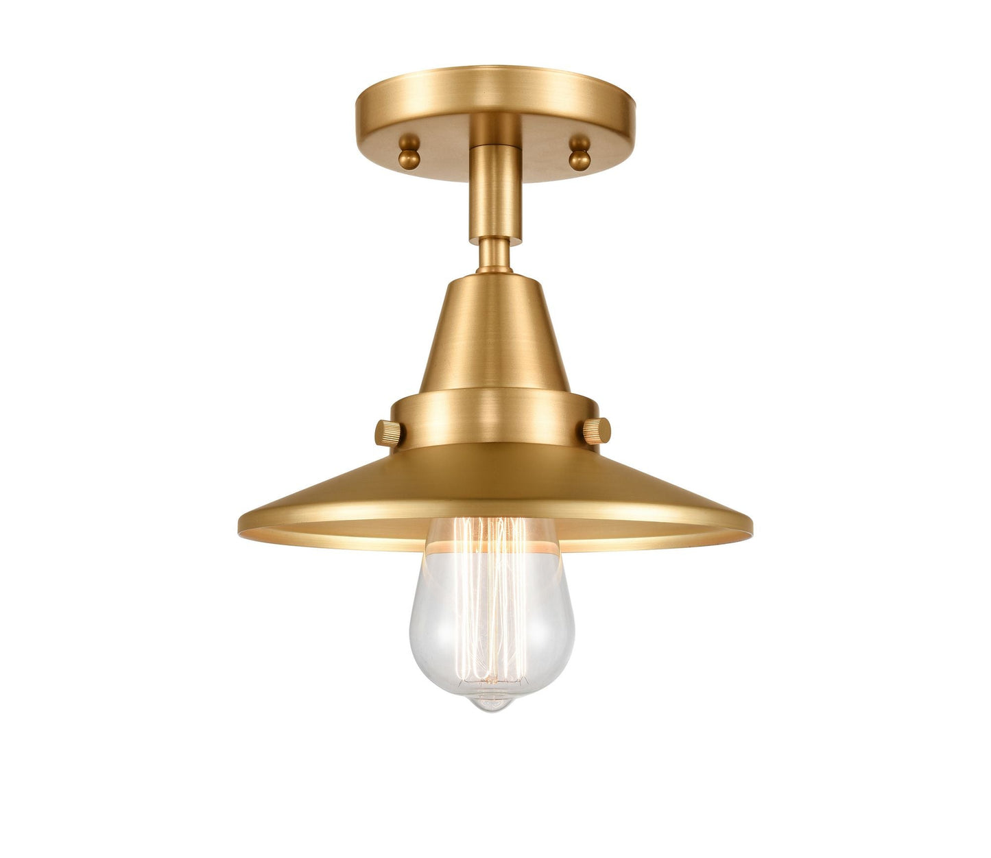 447-1C-SG-M4 1-Light 8" Satin Gold Flush Mount - Satin Gold Railroad Shade - LED Bulb - Dimmensions: 8 x 8 x 7 - Sloped Ceiling Compatible: No