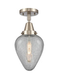447-1C-SN-G165 1-Light 6.5" Brushed Satin Nickel Flush Mount - Clear Crackle Geneseo Glass - LED Bulb - Dimmensions: 6.5 x 6.5 x 12 - Sloped Ceiling Compatible: No