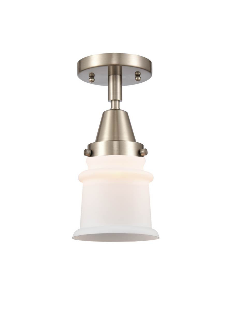 447-1C-SN-G181S 1-Light 6" Brushed Satin Nickel Flush Mount - Matte White Small Canton Glass - LED Bulb - Dimmensions: 6 x 6 x 10 - Sloped Ceiling Compatible: No