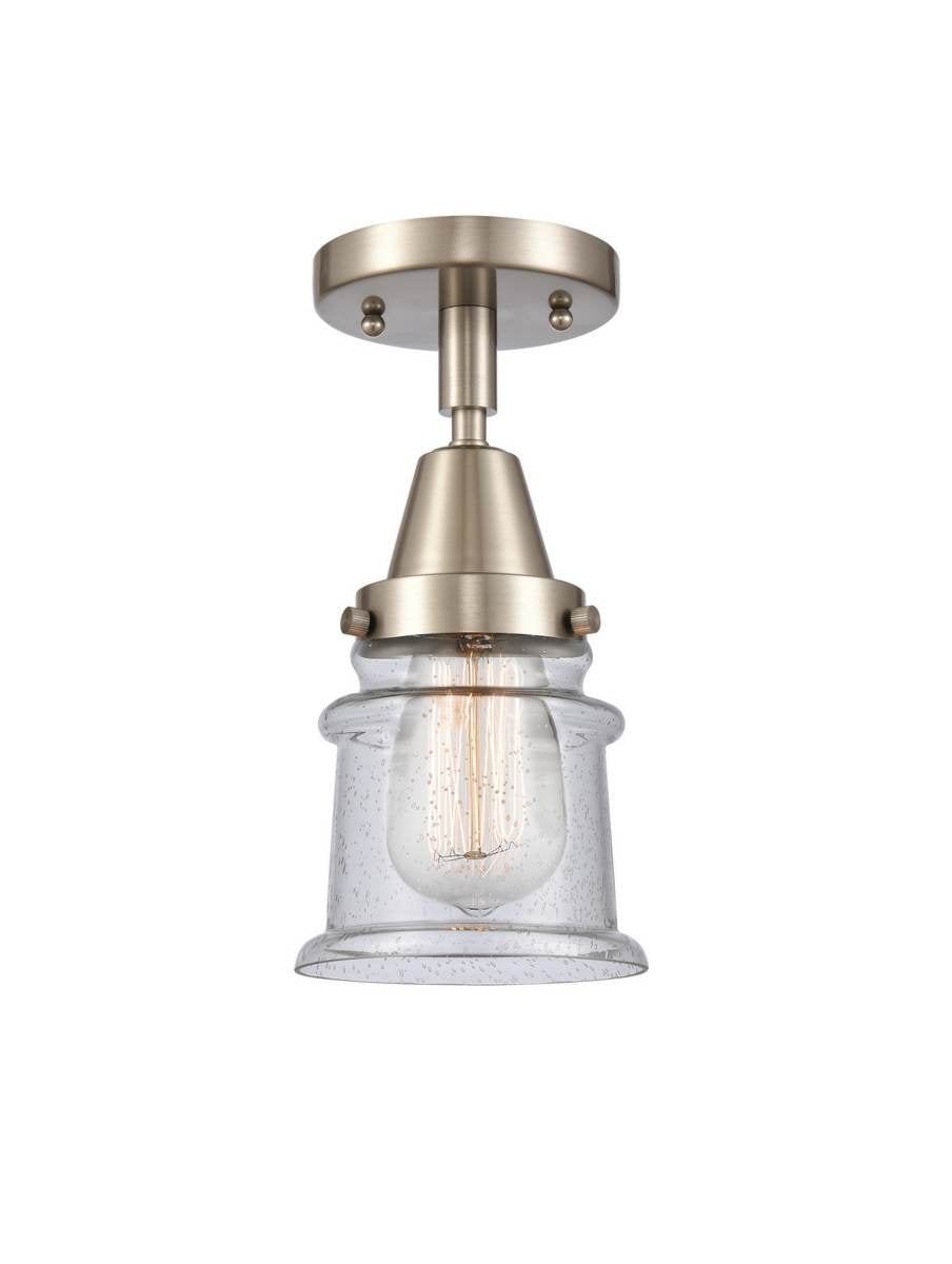 447-1C-SN-G184S 1-Light 6" Brushed Satin Nickel Flush Mount - Seedy Small Canton Glass - LED Bulb - Dimmensions: 6 x 6 x 10 - Sloped Ceiling Compatible: No
