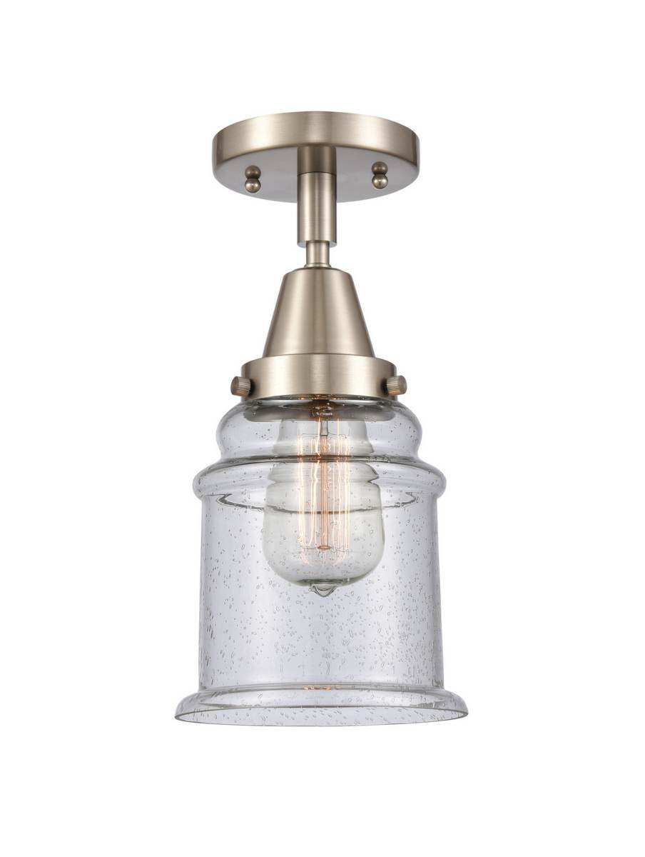 447-1C-SN-G184 1-Light 6" Brushed Satin Nickel Flush Mount - Seedy Canton Glass - LED Bulb - Dimmensions: 6 x 6 x 10 - Sloped Ceiling Compatible: No