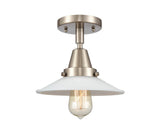 447-1C-SN-G1 1-Light 8.5" Brushed Satin Nickel Flush Mount - White Halophane Glass - LED Bulb - Dimmensions: 8.5 x 8.5 x 7 - Sloped Ceiling Compatible: No