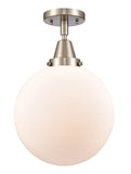 447-1C-SN-G201-10 1-Light 10" Brushed Satin Nickel Flush Mount - Matte White Cased Beacon Glass - LED Bulb - Dimmensions: 10 x 10 x 12.5 - Sloped Ceiling Compatible: No