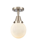 447-1C-SN-G201-6 1-Light 6" Brushed Satin Nickel Flush Mount - Matte White Cased Beacon Glass - LED Bulb - Dimmensions: 6 x 6 x 10.75 - Sloped Ceiling Compatible: No